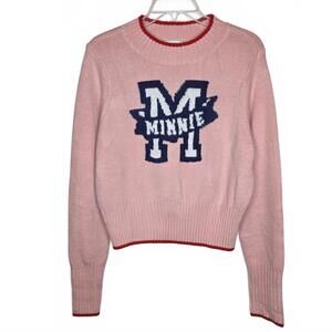 Disney Women's Pink Minnie Block M Sweater Size Small Cozy Soft!